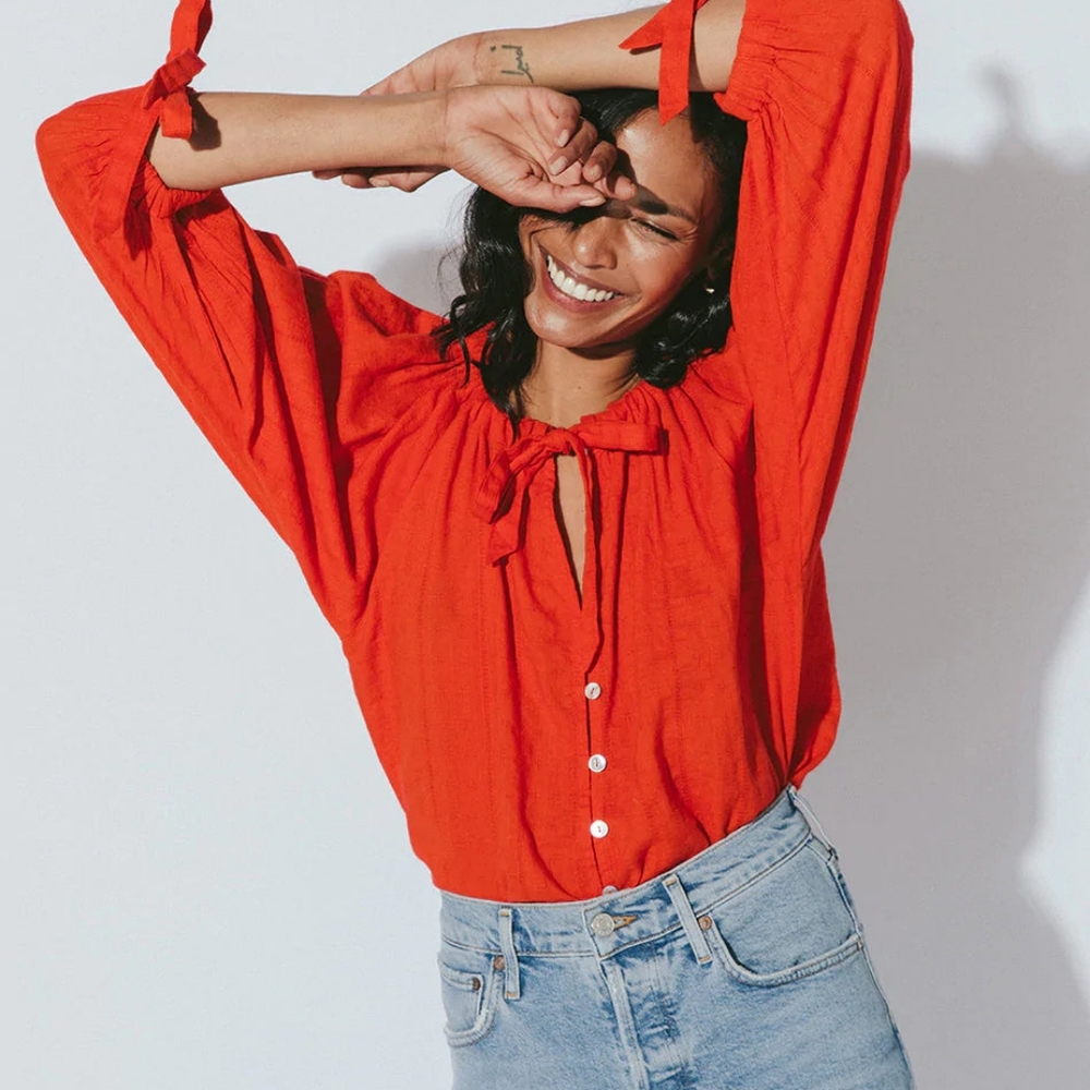 Cleobella Rylan Blouse Bright Cherry Color Drawstring Neckline Shell Button xs - Picture 2 of 11